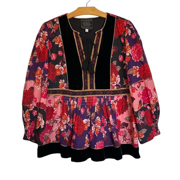 Johnny Was Jade Kimmy Smocked Floral-Print Peasant Top Embroidered Velvet Trim L - Picture 1 of 13